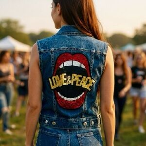 📦 REDUCED! Vintage Denim Vest with Red Lips Sequins on Back - Love & Peace!